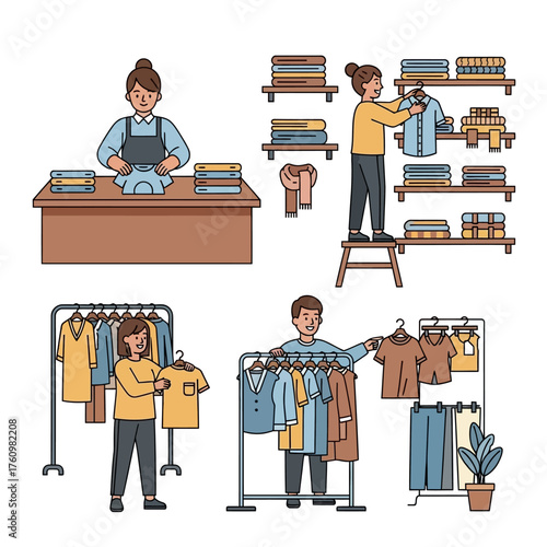 People working in a clothing store, organizing and displaying garments on racks and shelves.