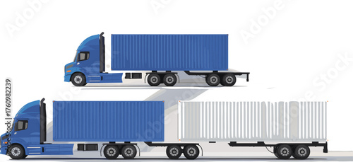 photorealistic 3d rendering of blue cargo trucks with shipping containers, freight transportation, logistics vehicles, and modern delivery transport concept