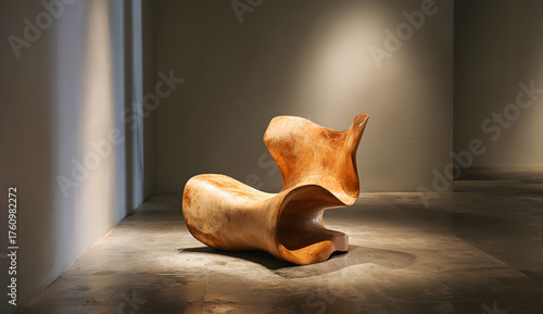 A wooden chair with organic shapes, resembling wood carved by hand