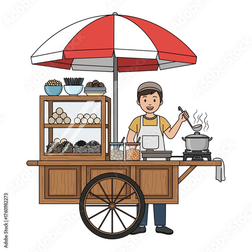 A street food vendor prepares and serves food from a cart with an umbrella.