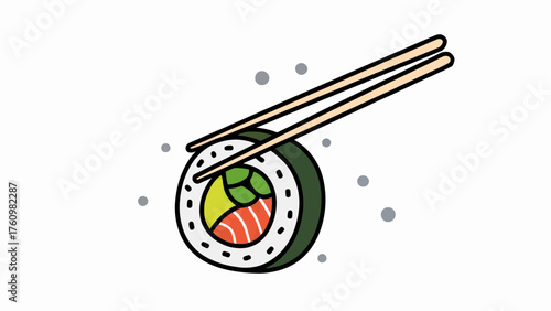 Delicious sushi roll held by chopsticks isolated on a white background perfect for restaurant menus or asian cuisine promotions