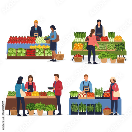 Four illustrations of people buying vegetables at a market stall.