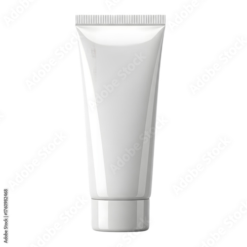 Blank white plastic tube for cream, lotion, or toothpaste, standing upright on a white background, ready for branding.