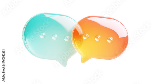 Two colorful glossy 3D chat bubbles symbolizing online conversation dialogue and social media communication on a transparent background
