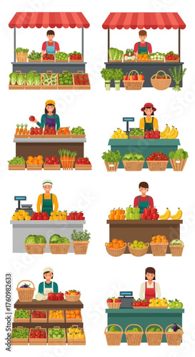 Illustration of eight different fruit and vegetable market stalls.