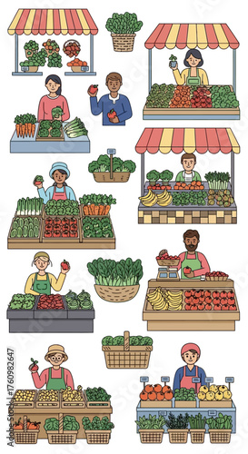 Illustration of various farmers market vendors with produce.