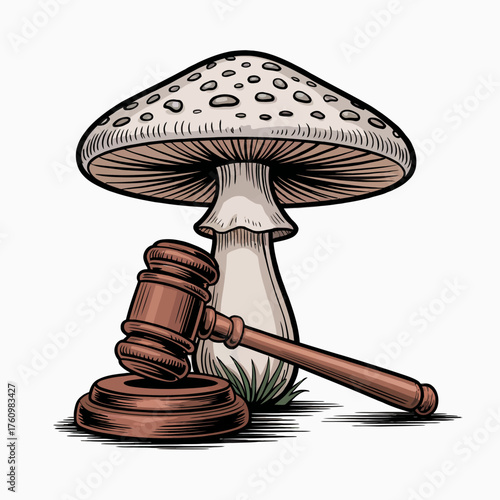 Mushroom Law Illustration Gavel Beside a Fungi Symbolizing Legal Issues in Mycology and Fungal Patents Intellectual Property Rights and Regulations
