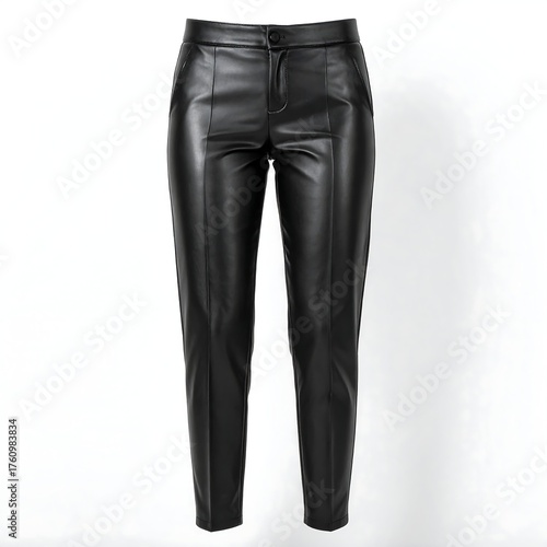 Black leather pants on white background, front view, buttoned, classic style