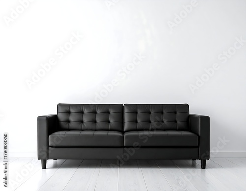 Black leather couch set against a blank white wall in a minimal design