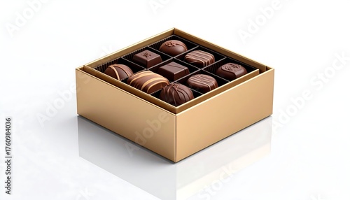Box of assorted chocolates, gold-colored, against white background