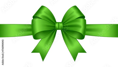 Bright green satin ribbon bow, centered on a white background
