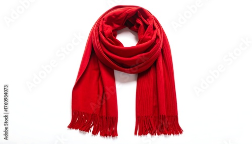 Bright red, warm winter scarf, draped and hanging, shot on white background
