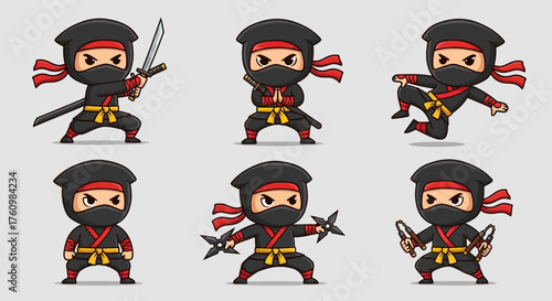 Collection of Adorable Ninja Characters in Various Action Poses, Fighting and Training