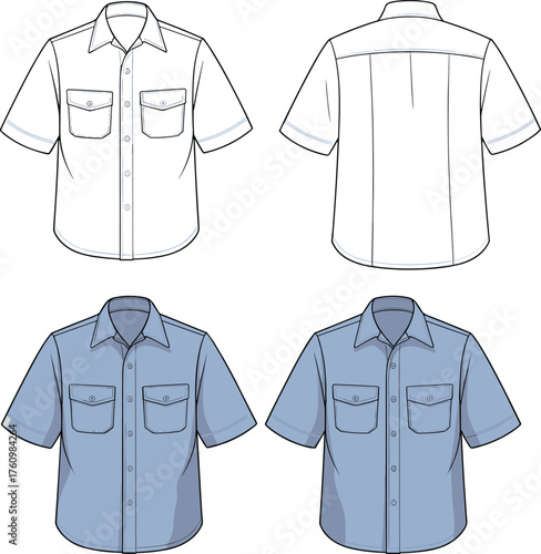 Technical flat sketch of short sleeve button up shirt with chest pockets, casual men’s summer top fashion design illustration