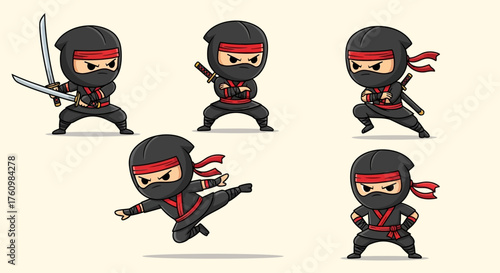 Cute Kawaii Style Ninjas in Dynamic Poses, Vector Illustration Series