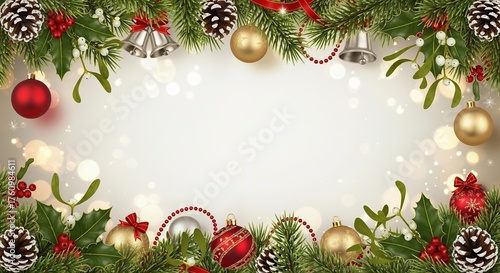 Christmas background with a festive border of fir branches and traditional decorations. Holiday frame with ornaments, pinecones, and holly for a greeting card or banner with copy space