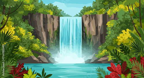 Stunning Waterfall in a Lush Tropical Jungle with Vibrant Foliage and Clear Blue Water