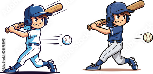 Cartoon baseball players in batting stance, helmets and uniforms, swinging pose with incoming ball, sports character design, vector illustration for kids