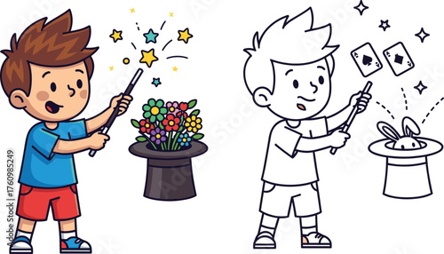 Cartoon boy magician performing tricks with wand and hat, colorful and outline versions, magic show, fantasy character, kids activity, vector illustration