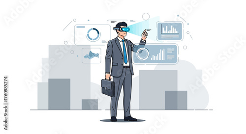 Businessman using virtual reality for data analysis in a modern business environment