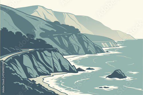 Flat design of Big Sur cliffs and ocean mist minimal art

