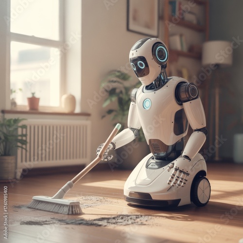 Robot cleaning floor with broom in a bright room android