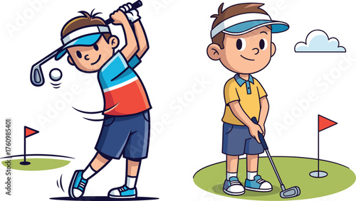 Cartoon boys playing golf, swinging and putting near flags and balls, vector illustration for kids sports, outdoor activity, concentration, recreation themes