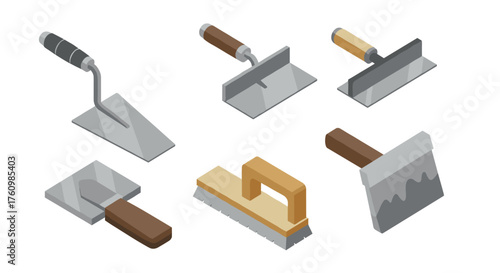 Isometric construction tools collection featuring trowels and floats
