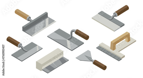 Isometric construction tools set: trowels and floats for plaster and concrete work