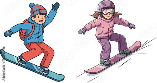 Cartoon boys snowboarding in winter gear, dynamic poses with motion lines, vector illustration for kids sports, outdoor activity, fun, excitement, snow themes