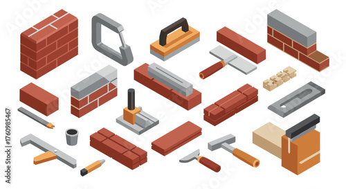 Isometric brickwork tools and materials for construction projects