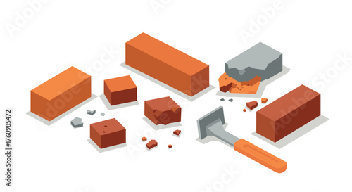 Isometric bricks and masonry tools on white background