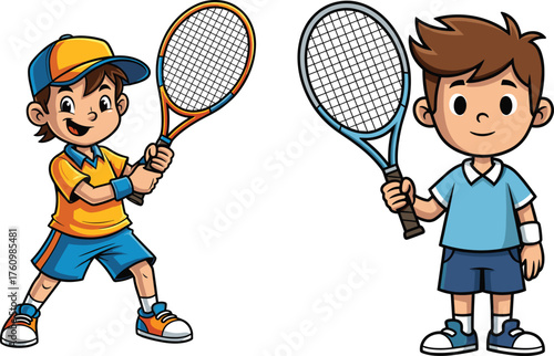 Cartoon boys playing tennis with rackets, sports outfit, active and neutral pose, children character design, outdoor activity, vector illustration