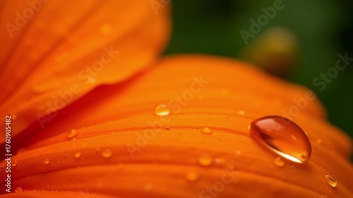 Macro photography of water droplet on orange flower petal closeup shot