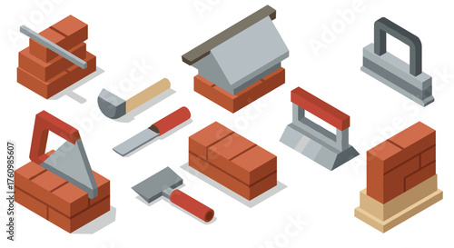 Isometric masonry tools and bricks set for construction projects