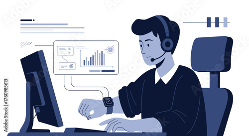 Dedicated support operator analyzing data and providing customer assistance remotely