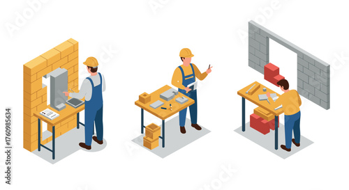Isometric construction workers: bricklaying and planning in action