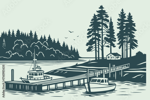 Flat modern vector of Coos Bay harbor and forest edge
