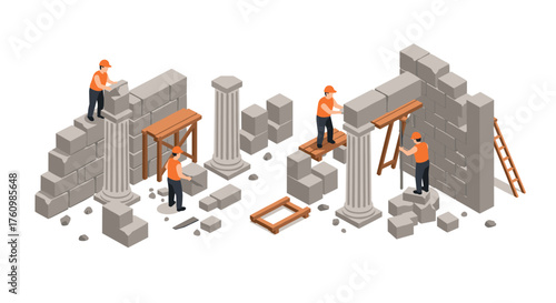 Isometric construction workers building brick walls and columns