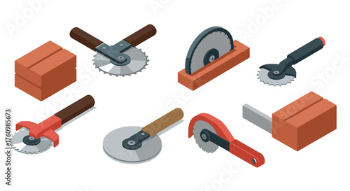 Isometric pizza cutters and wheels collection with brick elements