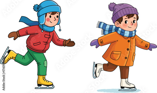 Cartoon children ice skating in winter clothes, joyful poses with lifted legs and colorful outfits, vector illustration for fun, seasonal activity, movement