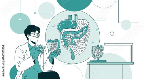 Doctor explaining human digestive system, medical professional analyzing intestines illustration,