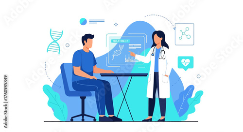 Doctor explaining treatment options to patient using digital interface with dna analysis concept