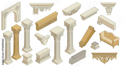 Classic architectural elements collection with corinthian columns and baroque decor