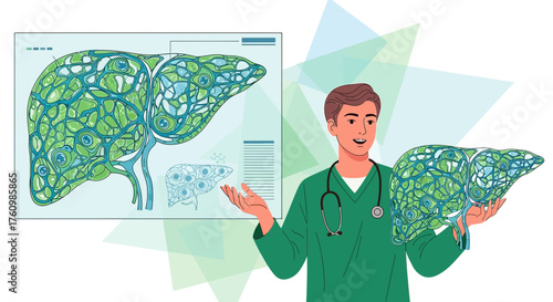 Doctor explaining human liver health with illustration and anatomical liver model