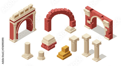 Isometric ancient architecture elements with arches and columns design set