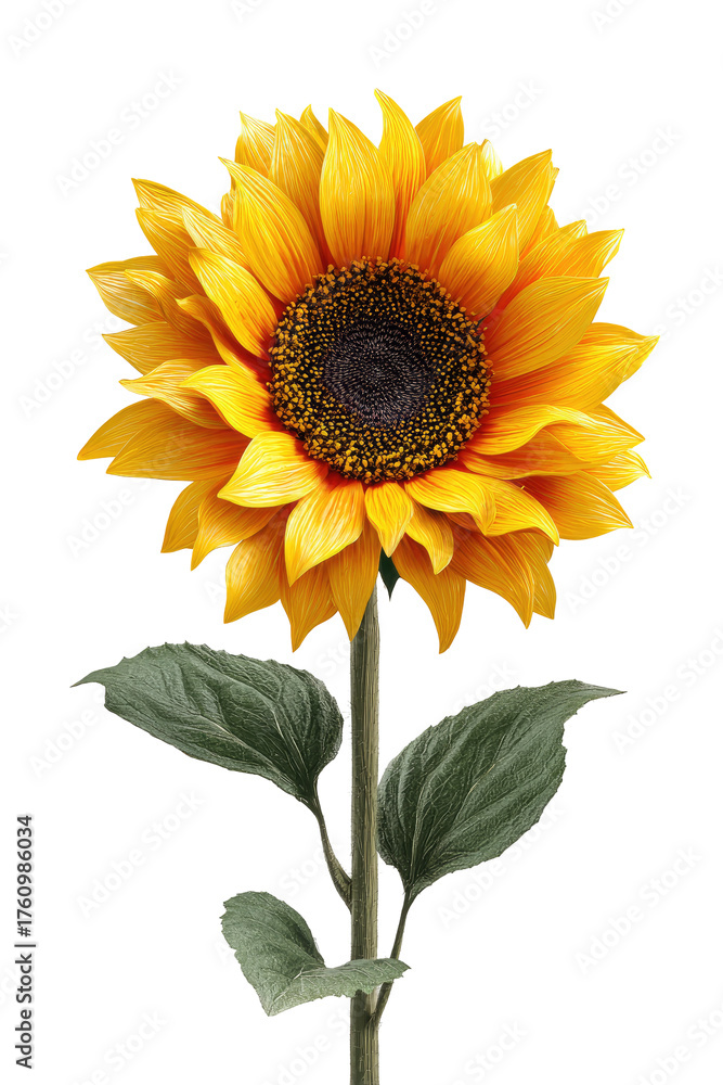 Obraz premium Close-up of a vibrant sunflower. Bright yellow petals surround a dark brown center disc. Dark green leaves sprout from a light brown stem. Image is digitally enhanced