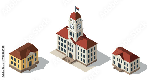 Isometric building trio with clock tower and national flag