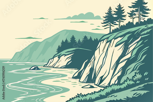 Minimal vector of Gold Beach Oregon cliffs in soft tone
