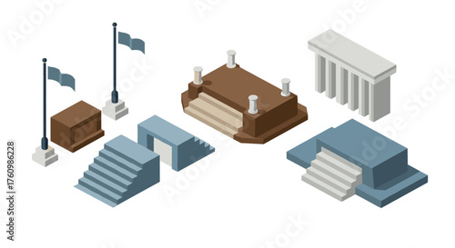 Isometric ancient architecture elements with columns and steps